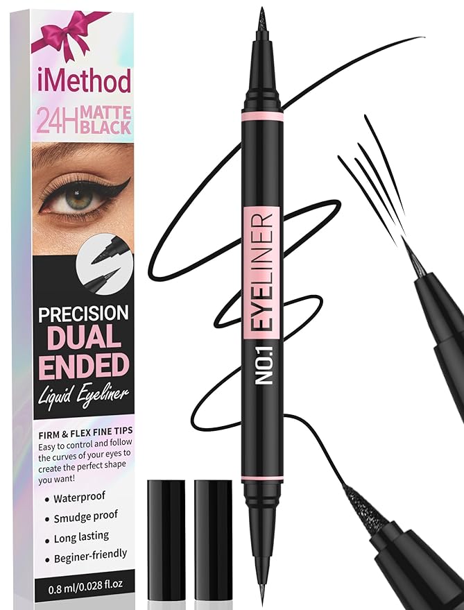 iMethod Liquid Eyeliner - Waterproof Eyeliner 2-in-1 Dual-Ended Eye Liner with Precise Brush-Tip and Thick Tip, Black Liquid Liner Pen, Matte Finish, Long Lasting, Smudge-proof, Transfer-proof-GlimoraGlow