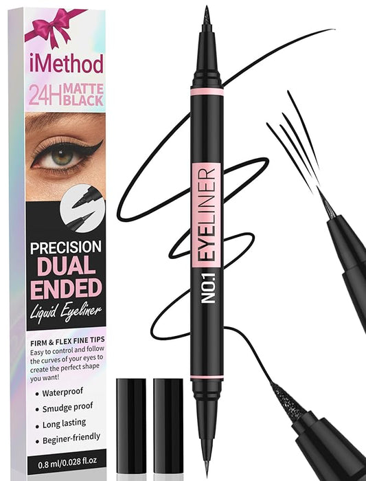 iMethod Liquid Eyeliner - Waterproof Eyeliner 2-in-1 Dual-Ended Eye Liner with Precise Brush-Tip and Thick Tip, Black Liquid Liner Pen, Matte Finish, Long Lasting, Smudge-proof, Transfer-proof-GlimoraGlow
