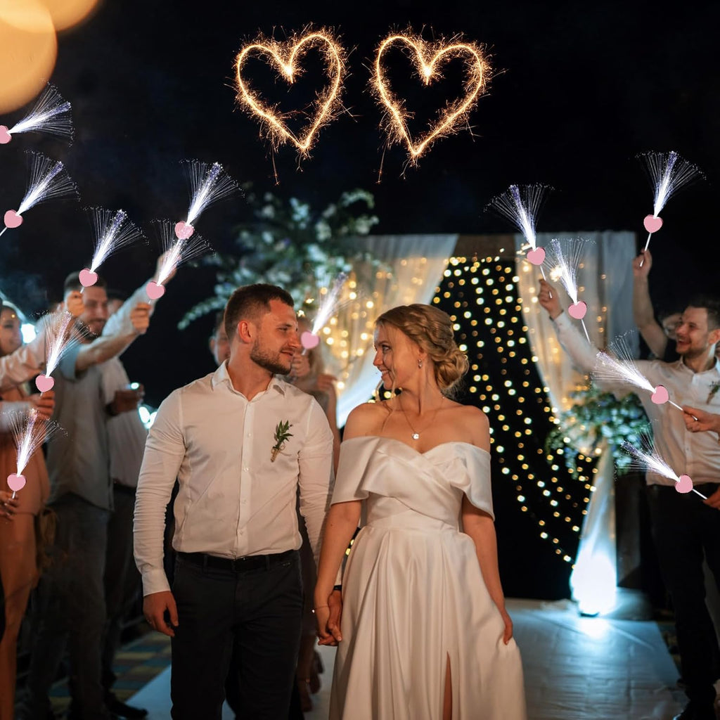 50 Pcs Wedding Sparklers Heart Shaped LED Glow Sticks Fiber Optic Wands Light up Wand with 3 Light Mode for Wedding Bridal Shower Birthday Glow in the Dark Party Supplies (Pink)