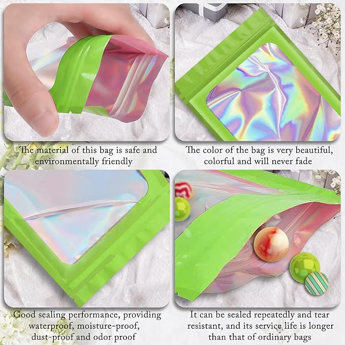 100 Pack Holographic Bags,Smell Proof Packaging Bags, Clear Window Resealable Odor Foil Pouch Mylar Bags for Food Storage and Lipgloss, Jewelry Lash(Green, 2.4 x 3.9 Inch)-GlimoraGlow