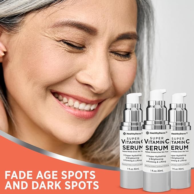 Super Vitamin C Serum for Women Over 70: Niacinamide, Vitamin C, Hyaluronic Acid, Peptides, Vitamin E, Caffeine, Bakuchiol, Hydrating, Lifting, Wrinkle & Age Spots Reduction Pack of 3-GlimoraGlow
