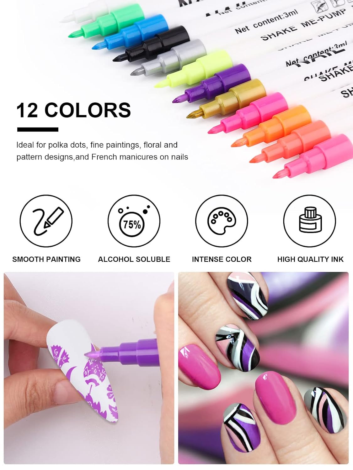 12 Color 3D Nail Art Pens Set, Kalolary Nail Point Graffiti Dotting Pen Drawing Painting Liner Brush for DIY Nail Art Beauty Adorn Manicure Tools-GlimoraGlow