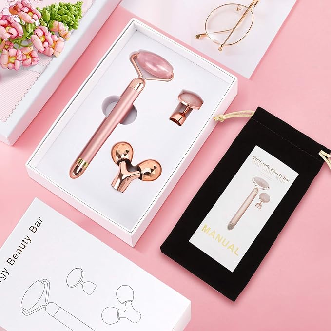 3-IN-1 Electric Jade Roller 3D Roller Facial Roller & Face Massager, Rose Quartz-GlimoraGlow