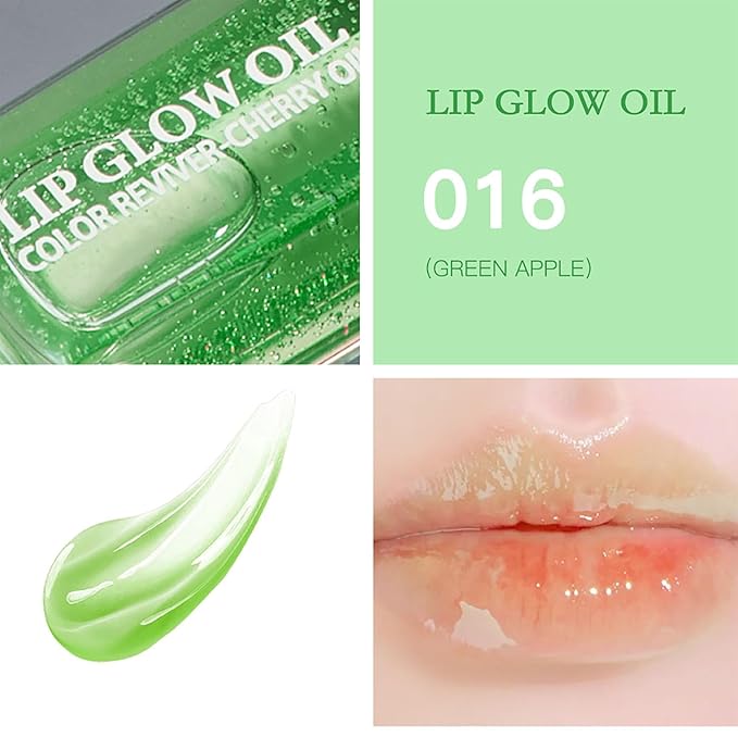 Hydrating Lip Glow Oil, Lip Oil Gloss Transparent Toot Tinted Nourishing Long Lasting Repairing Lightening Lip Lines (GREEN APPLE) 0.2 OZ-GlimoraGlow