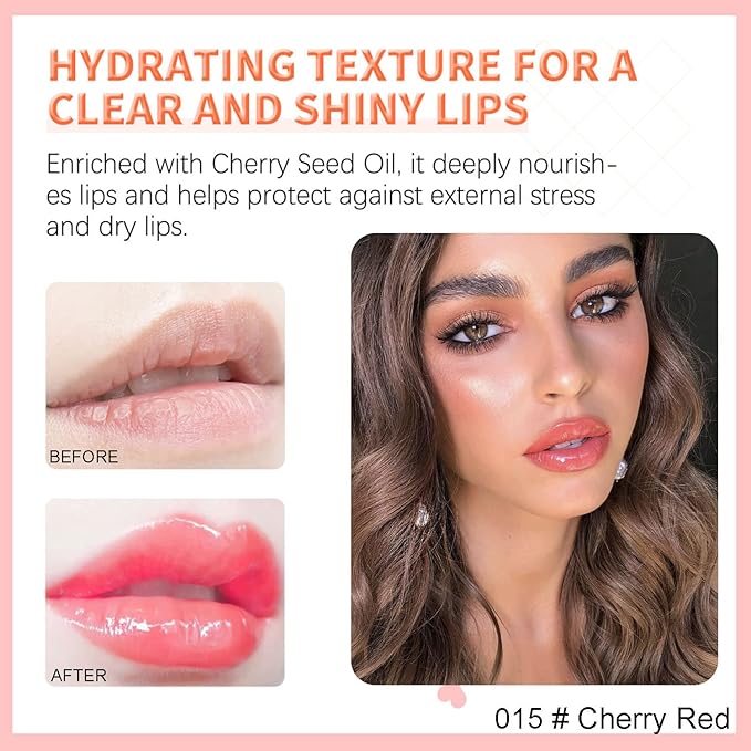 Hydrating Lip Glow Oil, Plumping Watery Lip Gloss, Refreshing Moisturizing Lip Oil Tinted Lip Balm, Lasting Nourishing Revitalizing Lip Tint Lip Care (15# Cherry Red)-GlimoraGlow