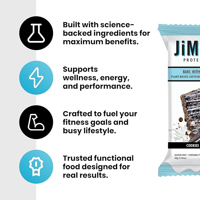 JiMMYBAR! - Sea Salt Caramel Cookies N' Cream - 19g High Protein Bars - 7g Sugar - 12 Count - 58g Health Bars - Natural Peanut Butter Core - Caffeinated Protein Bar For Energy- Hand Drizzled Chocolate-GlimoraGlow