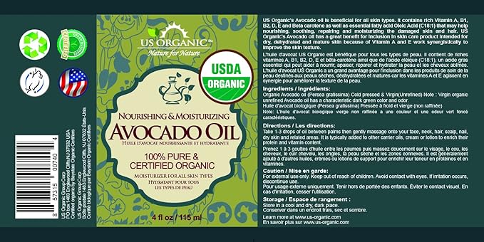 US Organic Avocado Oil Unrefined Virgin, USDA Certified Organic, 100% Pure & Natural, Cold Pressed, in Amber Glass Bottle w/Glass Eye dropper for Easy Application (4 oz (Large))-GlimoraGlow