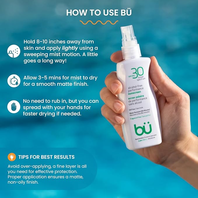 BU SPF 30 Sunscreen Spray for Face and Body, Fragrance Free, TSA Travel Size Sunscreen, Clear, Non Greasy, Water Resistant, for Sensitive Skin, 3.3 oz (3 Pack)-GlimoraGlow