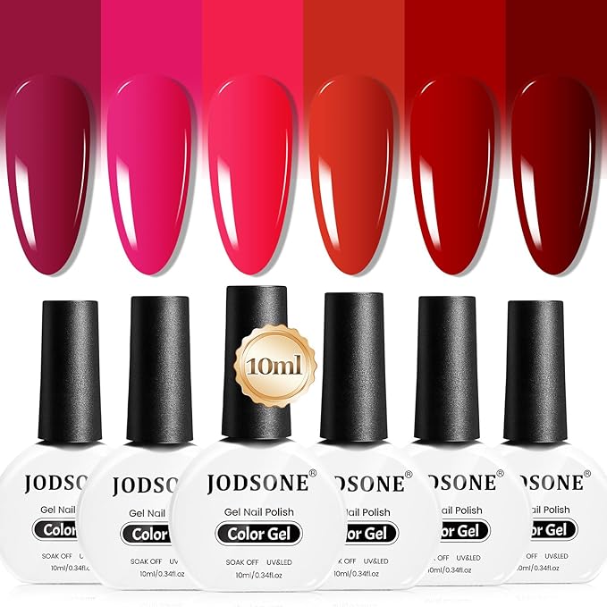JODSONE 10ml Red Gel Nail Polish Set 6Colors Rose Red Deep All Seasons Neutral Soak off LED Lamp Gel Manicure Set for Nail Art-GlimoraGlow