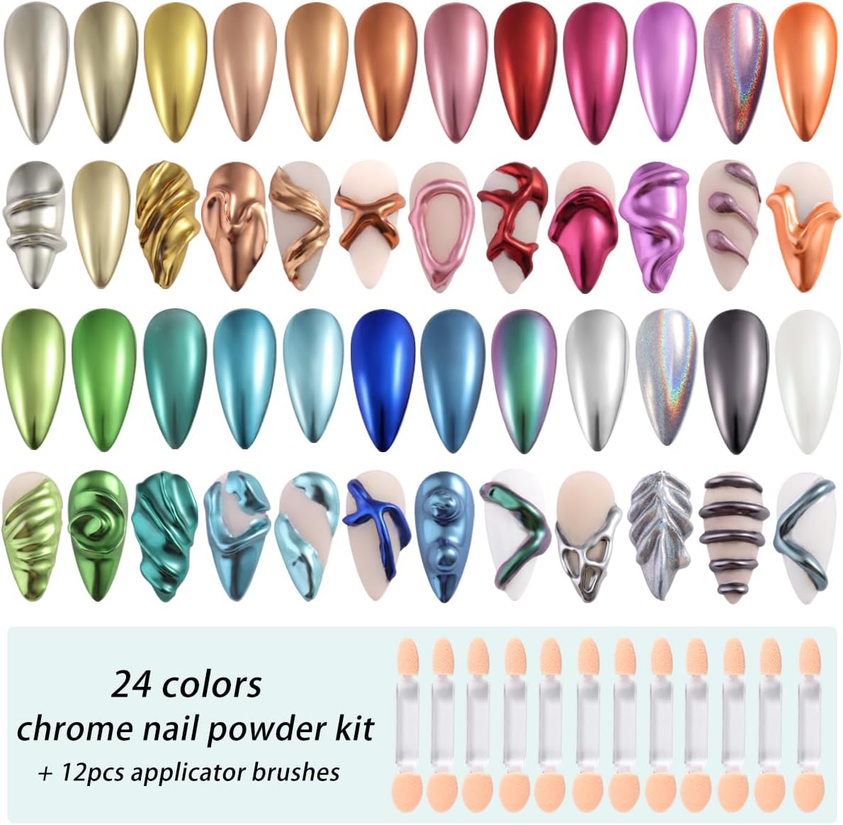 24 Colors Chrome Nail Powder Set Metallic Mirror Effect Gold Silver Pink Chrome Nail Powder White Pearl Iridescent Multi Chrome Powder for Nails Chameleon Rubbing Pigment Manicure Supplies-GlimoraGlow
