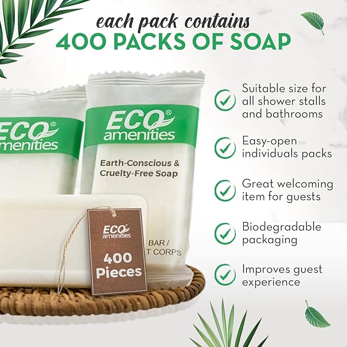 ECO amenities Travel Size Bar Soap - 400 PACK, 0.5 oz Mini Soap Bars, Hotel Soap Bars, Travel Size Toiletries - Individually Wrapped Bulk Soap Bar, Small Hotel Soaps for BNBs, VRBO, Inns and Hotels-GlimoraGlow