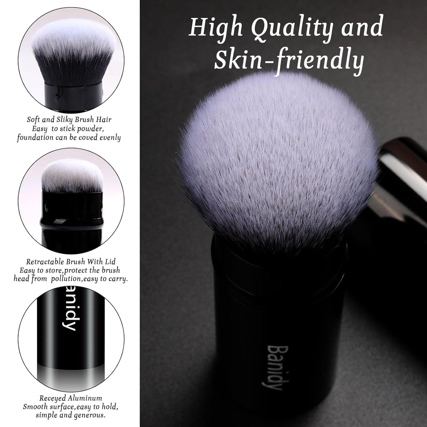 Makeup Brush Kabuki Face Brushes Retractable Travel Blush Brush Portable Flawless for Foundation, Powder Blush, Bronzer, Buffing, Liquid, Cream, Cruelty Free with Cover(Round-Head)-GlimoraGlow