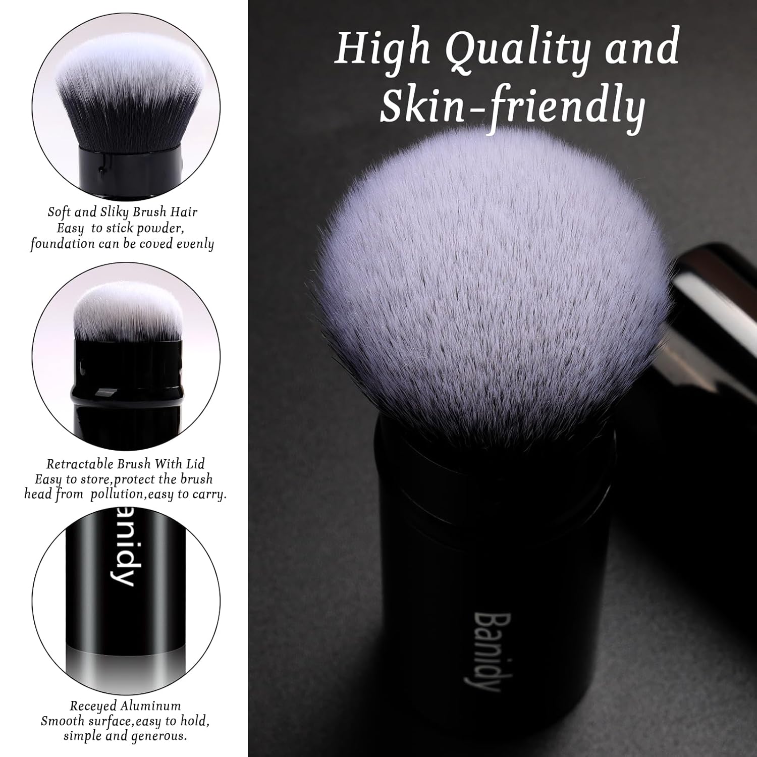 Makeup Brush Kabuki Face Brushes Retractable Travel Blush Brush Portable Flawless for Foundation, Powder Blush, Bronzer, Buffing, Liquid, Cream, Cruelty Free with Cover(Round-Head)-GlimoraGlow
