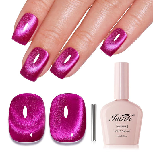 Imtiti Cat Eye Gel Nail Polish, Hot Pink Holographic Magnetic Crystal Nail Gel Polish With Magnet Glittery Galaxy Spring Summer Kit Soak Off UV Led 10ML-GlimoraGlow