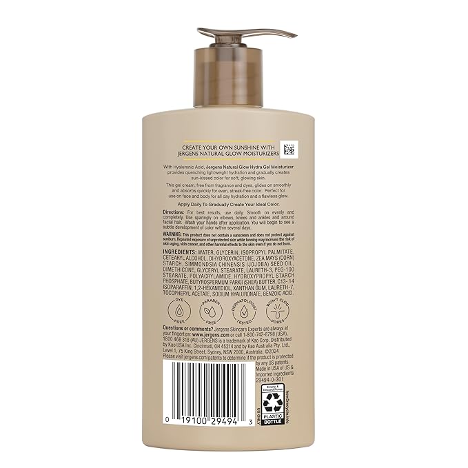 Jergens Natural Glow Hydra Gel Moisturizer, Gradual Tanning Lotion with Hyaluronic Acid, Hydrating Tanning Gel, Fragrance-Free Self Tanner, Medium to Deep Skin Tones 8.3 Fl Oz-GlimoraGlow