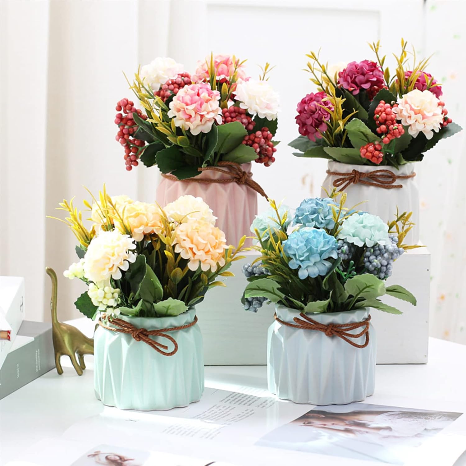 BLOSMON Fake Flowers in Vase for Centerpieces: 4 PCS 5.9 Inch Small Artificial Hydrangea with Vase Table Decor - Faux Floral Arrangements Desk Home Party Bathroom Office Decorations