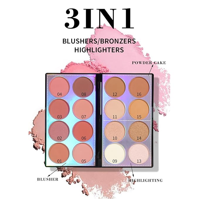 16 Colors Blush Contour Highlighter Makeup Palette with Brush, Shimmer Matte Mineral Face Blush Powder for Cheek, All in One Face Sculpting Bronzer Blusher Illuminator Concealer Palette-GlimoraGlow