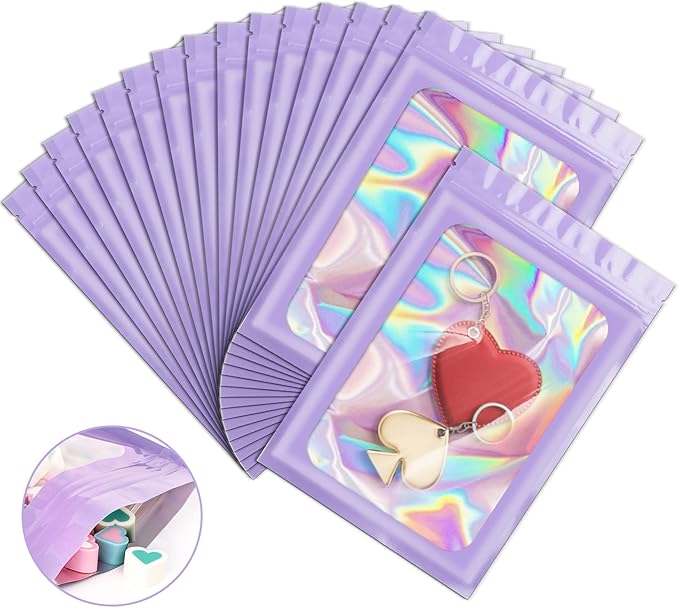 100 Pack Holographic Bags, Packaging Bags, Clear Window Resealable Odor Foil Pouch Bag for Food Storage and Lipgloss, Jewelry Lash (Purple, 4 x 6 Inch)-GlimoraGlow