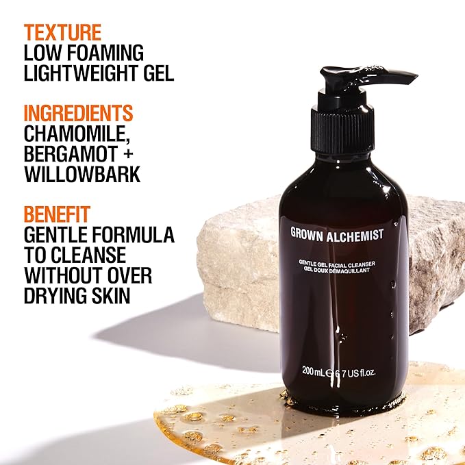 Grown Alchemist Gentle Gel Facial Cleanser with Bergamot and Rosebud. Hydrating Exfoliating Face Wash with Willow Bark, a Salicylic Acid Alternative. Natural Facewash for Men and Women-GlimoraGlow