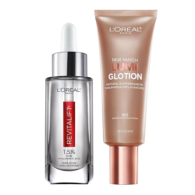 L'Oreal Paris Revitalift 1.5% Pure Hyaluronic Acid Face Serum 1.0 oz + True Match Lumi Glotion Natural Glow Enhancer Lotion, Medium 1.35 fl. oz, 1 kit-GlimoraGlow