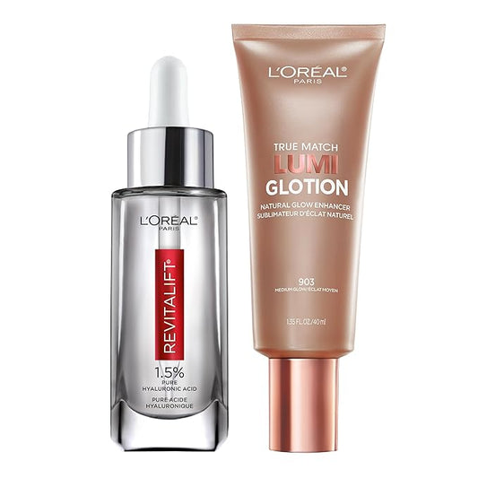 L'Oreal Paris Revitalift 1.5% Pure Hyaluronic Acid Face Serum 1.0 oz + True Match Lumi Glotion Natural Glow Enhancer Lotion, Medium 1.35 fl. oz, 1 kit-GlimoraGlow