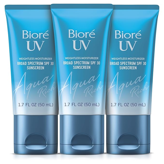 Biore UV Aqua Rich SPF 30 Daily Moisturizer Sunscreen for Face, For Sensitive Skin, Oil Free, Hyaluronic Acid, Vegan, Oxybenzone & Octinoxate Free, Dermatologist Tested, 1.7 Oz, 3pk-GlimoraGlow
