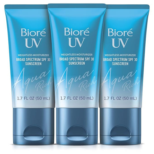 Biore UV Aqua Rich SPF 30 Daily Moisturizer Sunscreen for Face, For Sensitive Skin, Oil Free, Hyaluronic Acid, Vegan, Oxybenzone & Octinoxate Free, Dermatologist Tested, 1.7 Oz, 3pk-GlimoraGlow