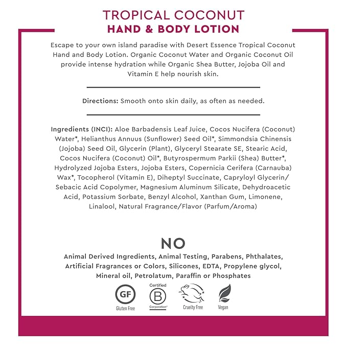 Desert Essence, Tropical Coconut Hand & Body Lotion 8 fl. oz. - Gluten Free - Vegan - Cruelty Free - Coconut Oil, Jojoba Oil & Vitamin E - Intense Hydration - Tropical Coconut Scent-GlimoraGlow