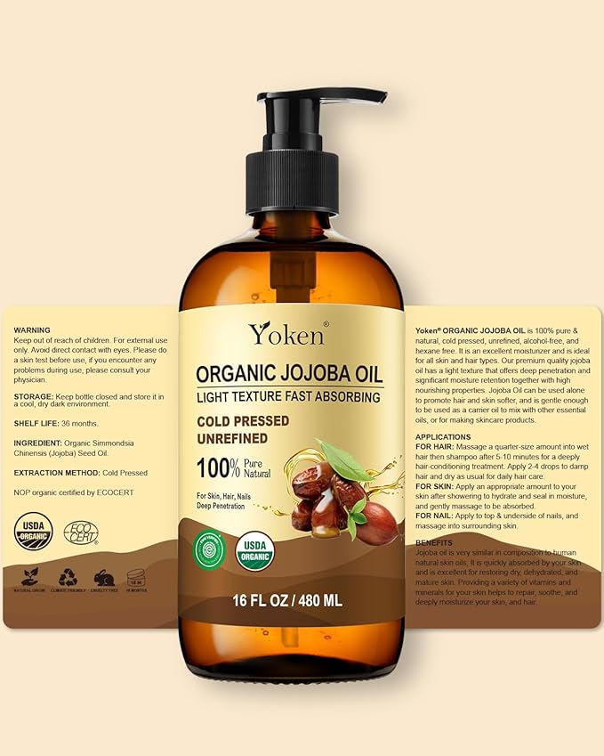 Yoken Organic Jojoba Oil Glass Bottle 16 fl oz, USDA Certified 100% Pure & Natural Jojoba Oil for Hair, Skin & Face, Cold Pressed Unrefined Hexane Free, Deeply Moisturizing Body Serum for Gua Sha-GlimoraGlow