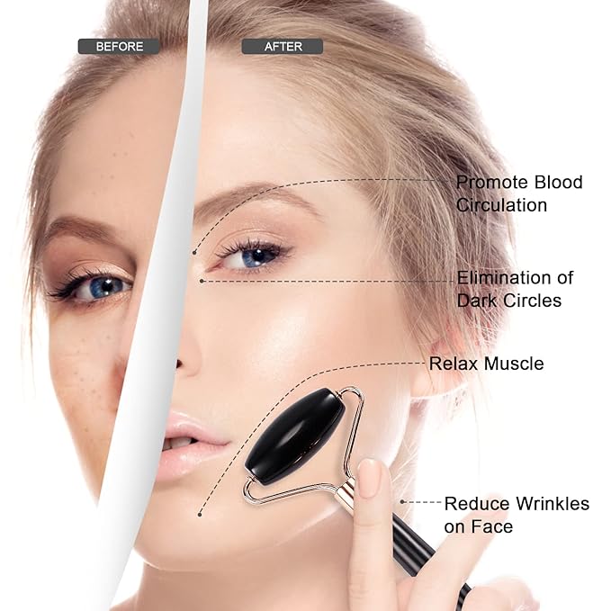 Jade Roller for Face, Facial Roller Massager Skin Care Tool, Gua Sha Facial Tools for Face, Neck, Eyes, Reduce Puffiness of The Skin (Black)-GlimoraGlow
