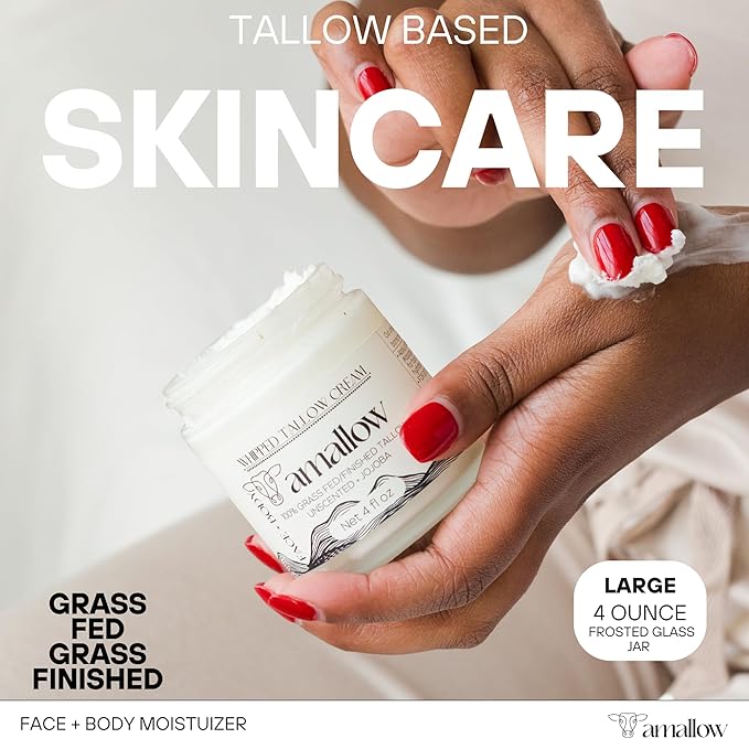 Amallow 100% Grass Fed Beef Tallow for Skin Care - Face + Body - Whipped Moisturizer for Sensitive Skin - Natural Lotion, 4 FL. oz. (Unscented + Jojoba Oil)-GlimoraGlow