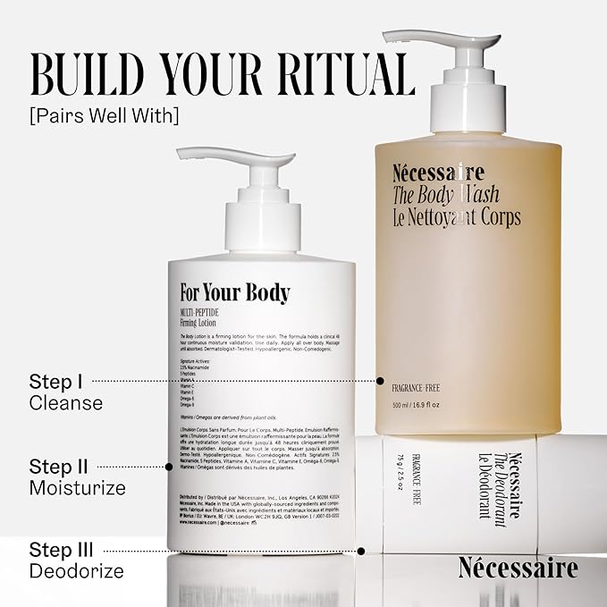 Nécessaire The Body Lotion with Pump. Fragrance-Free. Multi-Peptide Firming Lotion to Moisturize, Firm, Strengthen. 2.5% Niacinamide, Vitamin C/E + Omega 6/9. 450ml / 15.2 fl oz-GlimoraGlow