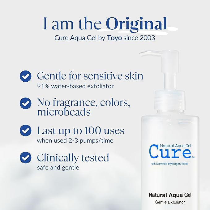 Cure by Toyo | Aqua Gel Gentle Exfoliator | Clear and Softer Skin | Non-Abrasive Face and Body Cleanser | Sensitive Skin | Big Size 8.82oz-GlimoraGlow
