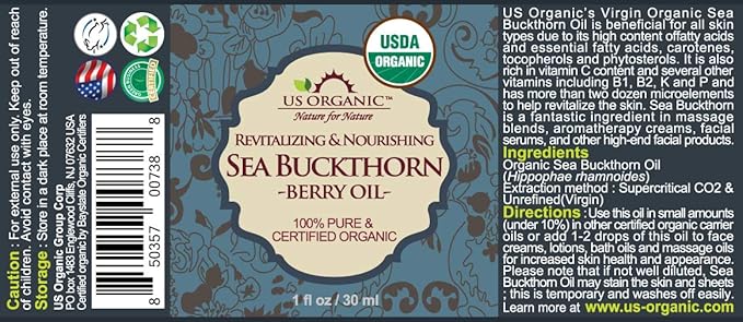 US Organic Sea Buckthorn Berry (Fruit) Oil, Supercritical CO2 extracted, USDA Certified Organic,100% Pure Virgin, Unrefined in Amber Glass Bottle, Face, Hair, spot Treatment, Anti Aging, 1 oz (30 ml)-GlimoraGlow