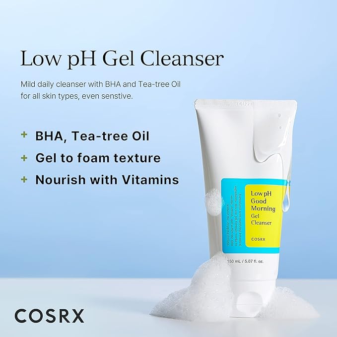 COSRX Low pH Good Morning Gel Face Cleanser, 5.07 fl oz, BHA Face Wash, Daily Mild Face Cleanser for Sensitive Skin, PH Balancing, Korean Skin Care, Korean Face Wash-GlimoraGlow