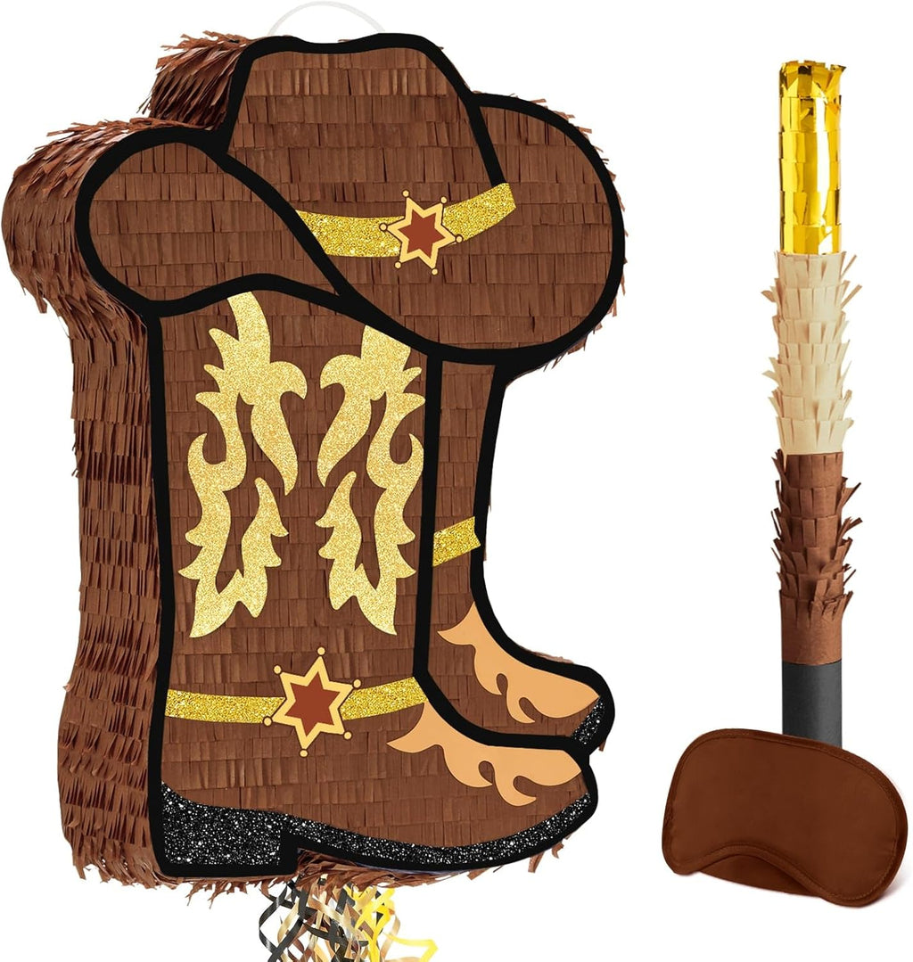 WERNNSAI Western Cowgirl Boot Piñata - Cowboy Hat Pinata Game Western World Theme Party Decorations for Adults Kids Birthday Farm Horse Rodeo Party Supplies with Bat Blindfold