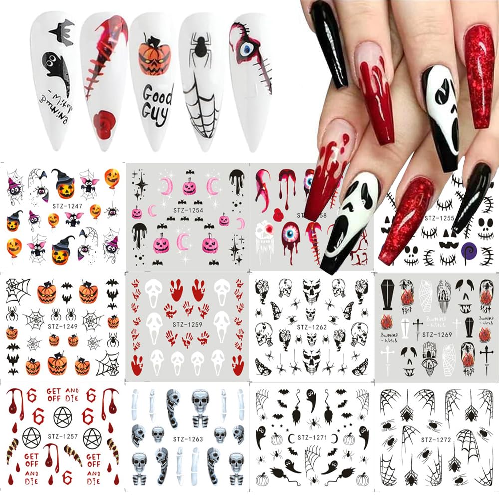 12 Sheets Halloween Nail Art Sticker Decals Horror Water Transfer Nails Foils Pumpkin Ghost Skull Spider Blood Evil Eye Halloween Design Nail Art Decoration Nail Slider Decal for Women DIY Nail Supply-GlimoraGlow