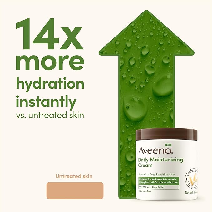 Aveeno Daily Moisturizing Cream with Prebiotic Oat & Shea Butter for Body, Face & Hands Moisturizer Cream, Hydrates Normal to Dry, Sensitive Skin, Fragrance Free, Non-Comedogenic, 20 oz-GlimoraGlow