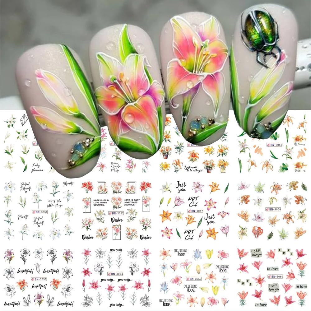 12 Designs Flower Nail Art Stickers - Lily Acrylic Decals for Spring Summer Decorations - Colorful Assorted Floral Water Transfer Slider Foil Sticker for Women-GlimoraGlow
