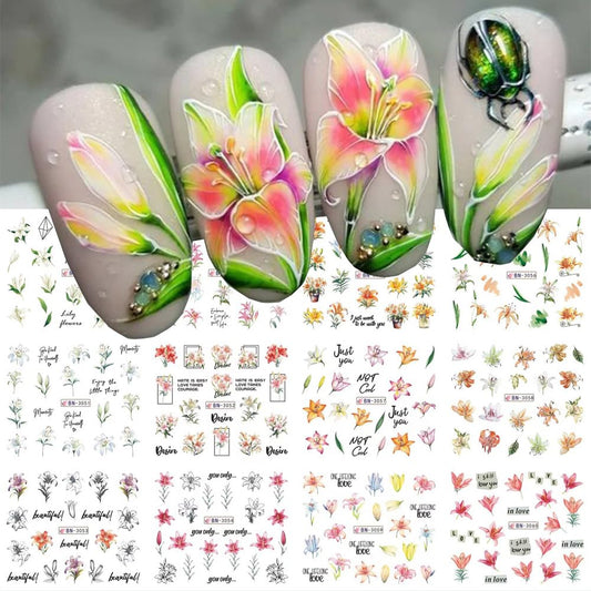 12 Designs Flower Nail Art Stickers - Lily Acrylic Decals for Spring Summer Decorations - Colorful Assorted Floral Water Transfer Slider Foil Sticker for Women-GlimoraGlow