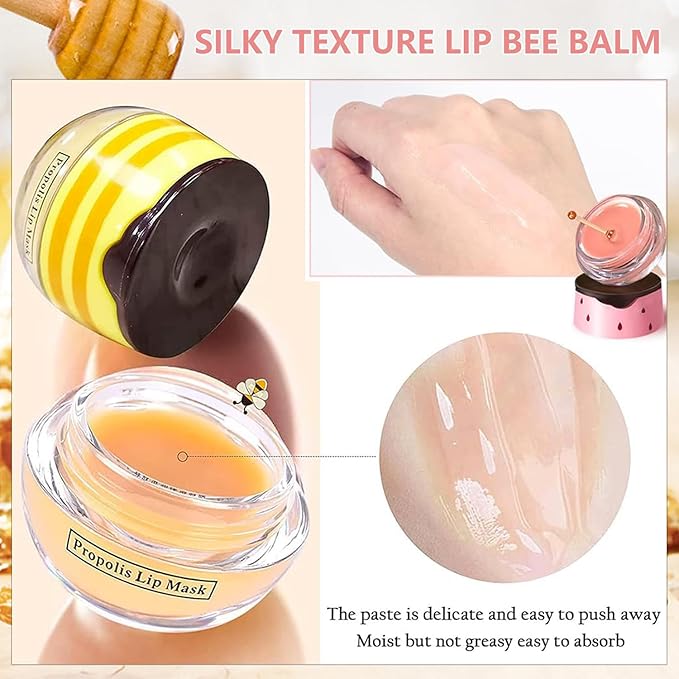 2 PCS Bee Lip Balm Honey Pot, Watermelon & Strawberry Sleeping Lip Mask Overnight, Hydrating Prevention Dry and Cracked Lip Scrub, Reduces Lip Lines, Brightening Lip Color-GlimoraGlow