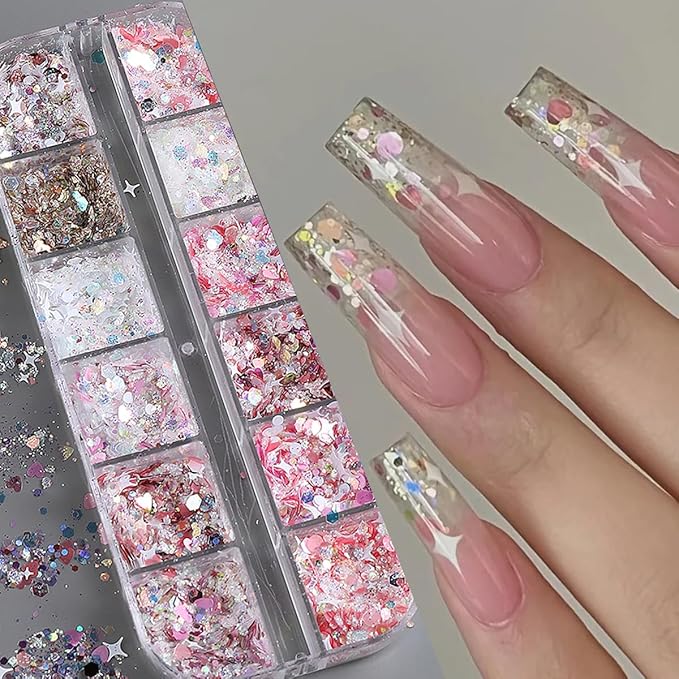 12 Grids Star Nail Art Glitter Sequins Heart Shaped Mermaid Nail Sequins Holographic Mermaid Nail Flakes Sticker Sequin Heart Nail Art Glitter for Women DIY Acrylic Nail Decoration-GlimoraGlow