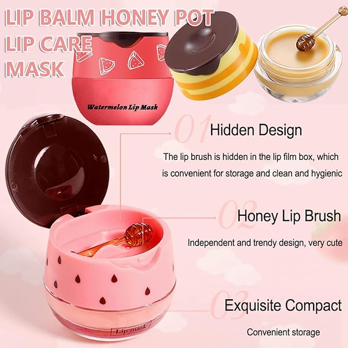 1PCS Lip Balm Honey Lip Balm, Honey Pot Lip Balm Sleeping Lip Mask with Brush, Hydrating & Prevention Dry and Cracked, Lip Scrubs Exfoliator & Moisturizer-GlimoraGlow