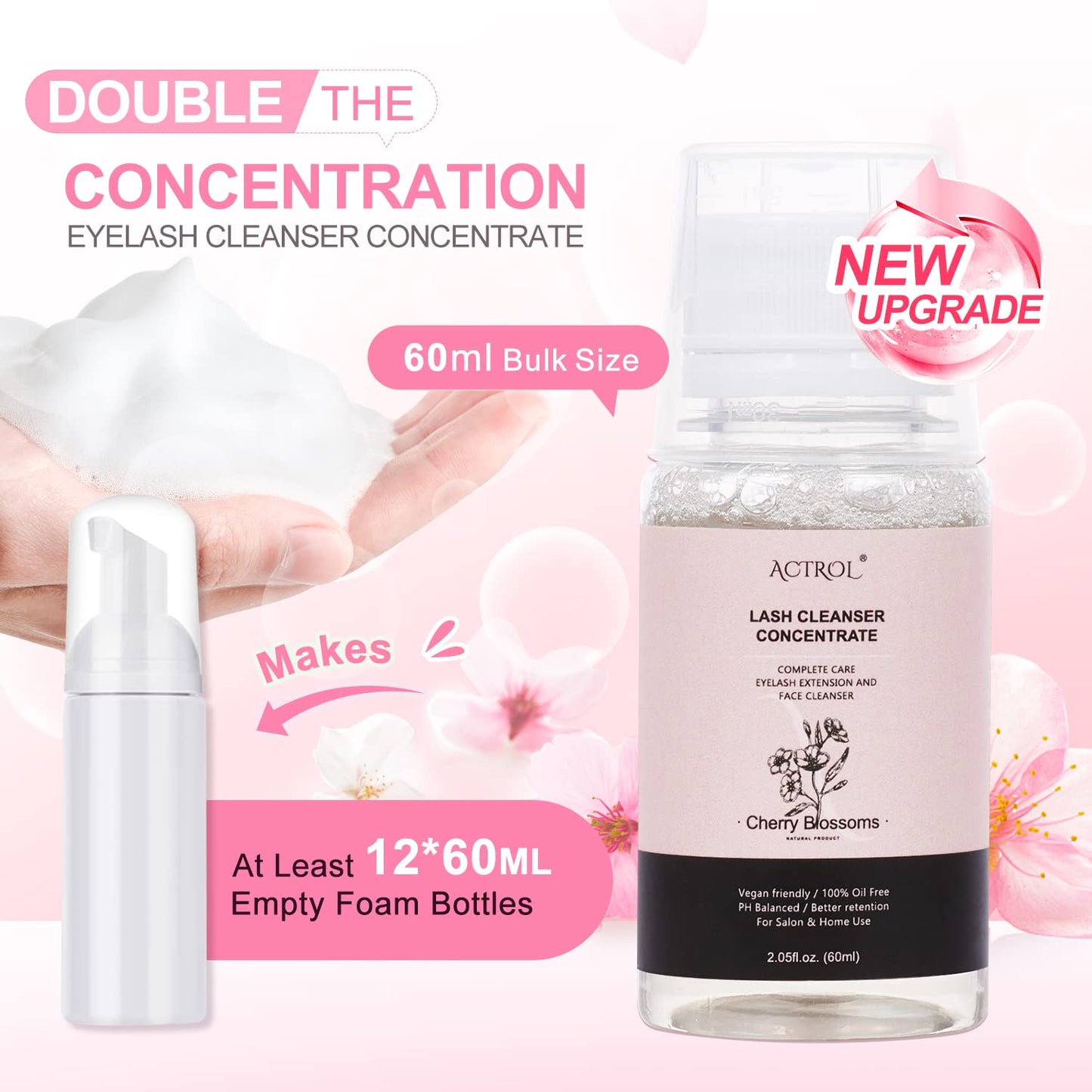 Eyelash Cleanser Concentrate 60ml Cherry Blossom Professional Lash Shampoo Foaming Cleanser DIY Non-lrritating Wash for Extensions Lashes with Salon Home Care-Makes 12 Bottles-GlimoraGlow