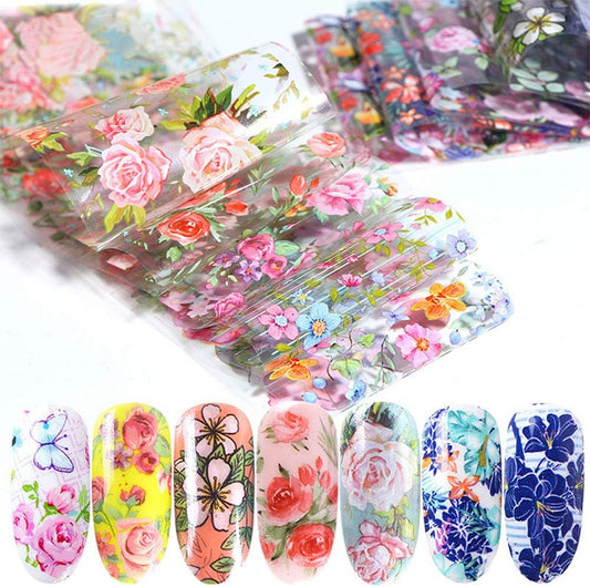 10 Sheets Flower Nail Transfer Foils Holographic Nail Foil Colorful Flower Stickers for Nails Decoration Starry Sky Manicure Transfer Tips Butterflies Nail Art DIY for Women Girls-GlimoraGlow