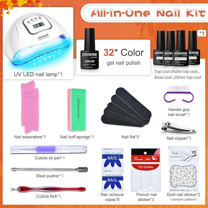 JODSONE 36 Pcs Gel Nail Polish Kit with U V Light of 32 Color Gel Polish Nail Collections Base and Top Glitter Coat Manicure Tools-GlimoraGlow