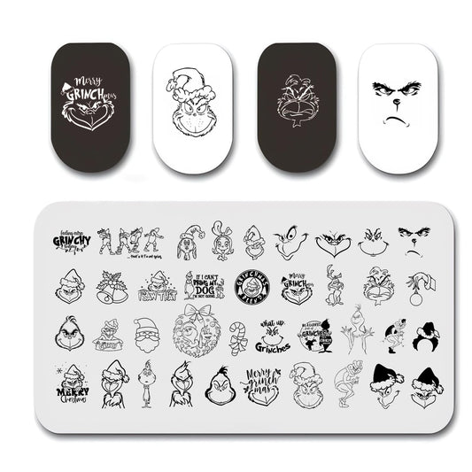 1 Christmas Nail Stamping Plates Green Monster Winter Santa Claus Designs Nails Stamping Kit Holiday Nail Stamping Plate Xmas Nail Stamper Kit for Women Girls DIY Salon Manicure-GlimoraGlow
