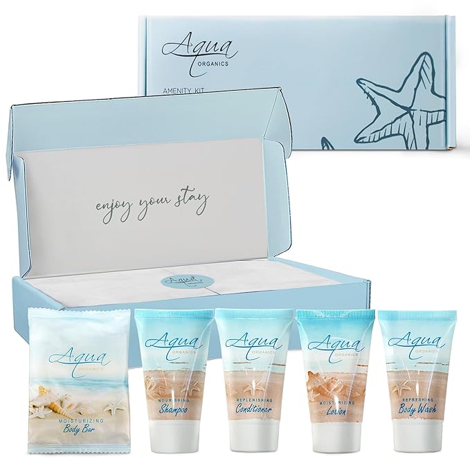 1-Shoppe All-In-Kit|Aqua Organics Amenity Kit|Boxed Hotel Toiletries|Bulk Set 1oz Travel Size Shampoo,Conditioner,Lotion,Body Wash & Bar Soap for Guest Hospitality AirBnB/Vacation Rentals|5 Pieces-GlimoraGlow