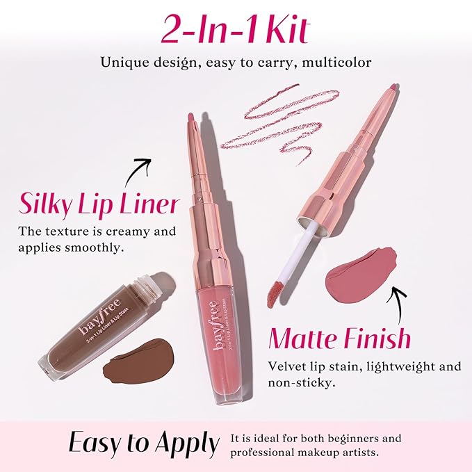 2 PCS Lip Liner and Lip Stain Combo Set, High Pigmented Long Lasting Velvet Lip Tint, Well-Defined Lipliner, Weightless Waterproof Not Animal Tested, Matte Finish Makeup-GlimoraGlow