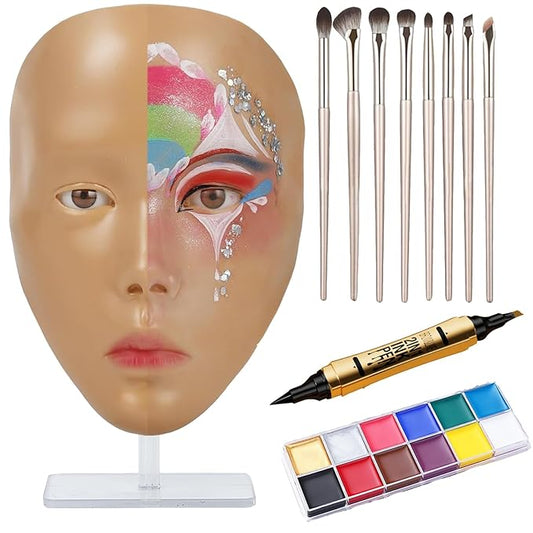 Make Up Practice Face, Face Painting Mannequin Head with Stand, 5D Reusable Silicone Face Practice Board, Mannequin Head for Makeup with Makeup Kit, Practice Face for Makeup Artist & Beginner, Brown-GlimoraGlow
